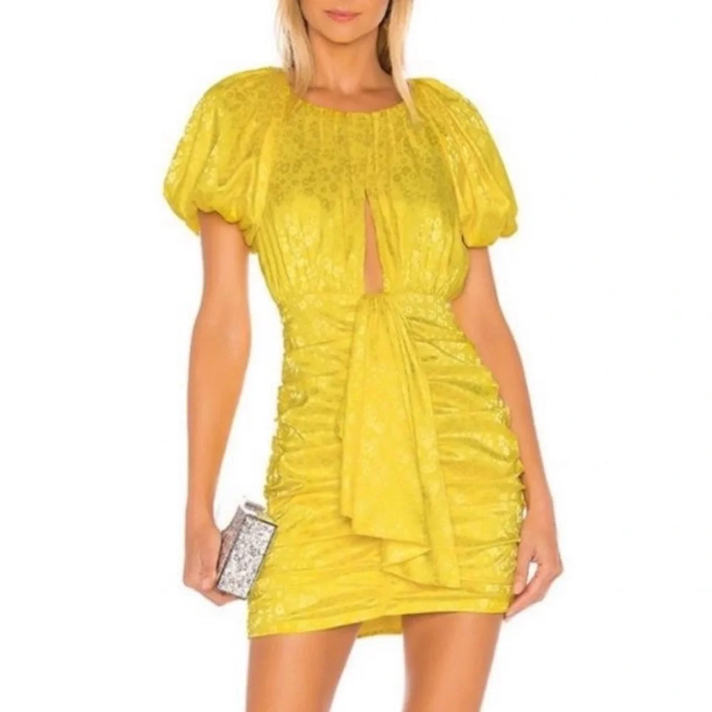 For Love & Lemons Fiji Yellow Floral Ruched Mini Dress